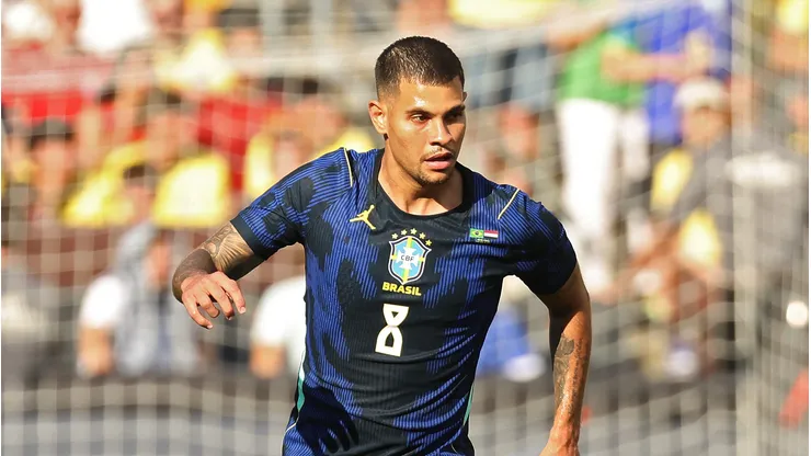 CLEVELAND, OHIO - JUNE 06: Bruno Guimarães of Brazil controls the ball during the international friendly match between Brazil and Egypt at Huntington Bank Field on June 06, 2026 in Cleveland, Ohio. (Photo by Kirk Irwin/Getty Images)