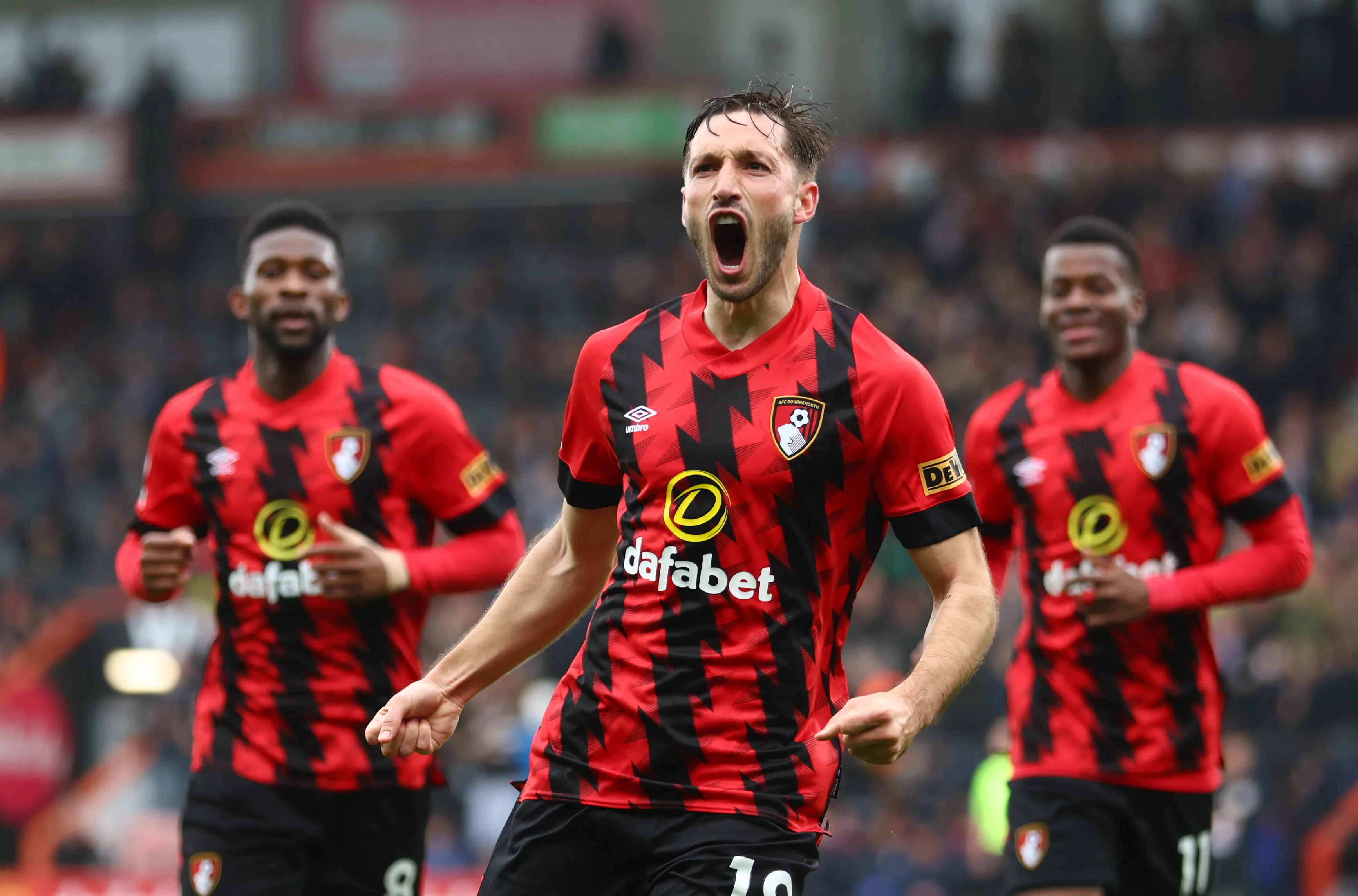 BOURNEMOUTH, ENGLAND – MAY 06: Matias Vina of AFC Bournemouth celebrates after scoring their sides first goal during the Premier League match between AFC Bournemouth and Chelsea FC at Vitality Stadium on May 06, 2023 in Bournemouth, England. (Photo by Bryn Lennon/Getty Images)