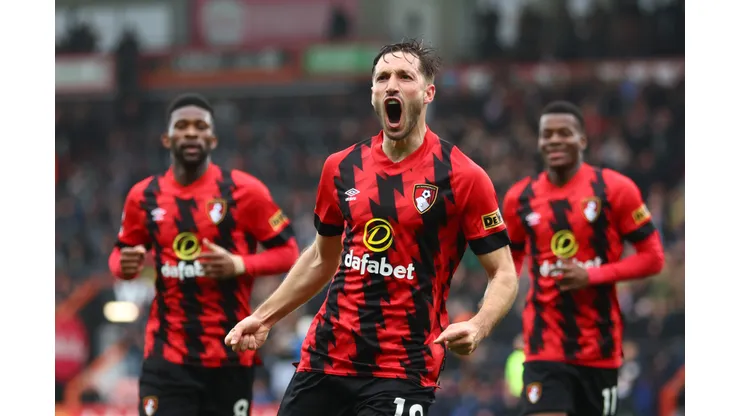 BOURNEMOUTH, ENGLAND - MAY 06: Matias Vina of AFC Bournemouth celebrates after scoring their sides first goal during the Premier League match between AFC Bournemouth and Chelsea FC at Vitality Stadium on May 06, 2023 in Bournemouth, England. (Photo by Bryn Lennon/Getty Images)