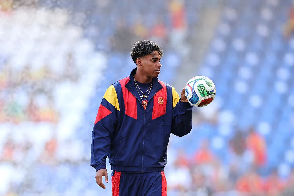 Lamine Yamal of Spain looks on prior to the international friendly match between Spain and Iraq at Riazor Stadium on June 04, 2026 in La Coruna, Spain. (Photo by Florencia Tan Jun/Getty Images)