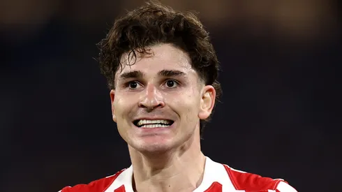 Julian Alvarez of Atletico de Madrid celebrates scoring his team's second goal during the Copa Del Rey Final match between Real Sociedad and Atletico de Madrid at Estadio de La Cartuja on April 18, 2026 in Seville, Spain. (Photo by Fran Santiago/Getty Images)