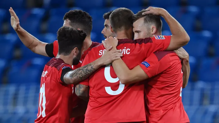 Switzerland celebrates his team's first goal with teammates during the UEFA Nations League group stage match between Switzerland and Germany at St. Jakob-Park on September 06, 2020 in Basel, Switzerland. (Photo by Matthias Hangst/Getty Images)