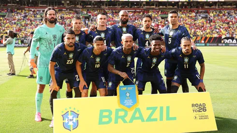 CLEVELAND, OHIO - JUNE 06: Players of Brazil pose for a team photo prior to the international friendly match between Brazil and Egypt at Huntington Bank Field on June 06, 2026 in Cleveland, Ohio. (Photo by Kirk Irwin/Getty Images)