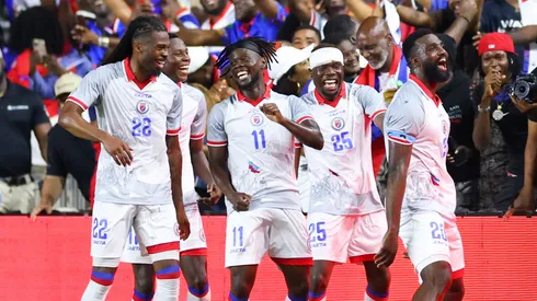 Frantzdy Pierrot #20 of Haiti celebrates with teammates after scoring a goal against New Zealand in the second half during the international friendly match at Chase Stadium on June 02, 2026 in Fort Lauderdale, Florida. (Photo by Megan Briggs/Getty Images)