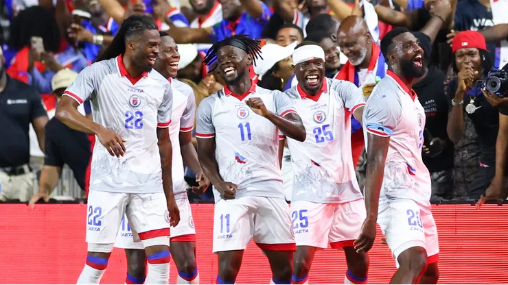 Frantzdy Pierrot #20 of Haiti celebrates with teammates after scoring a goal against New Zealand in the second half during the international friendly match at Chase Stadium on June 02, 2026 in Fort Lauderdale, Florida. (Photo by Megan Briggs/Getty Images)