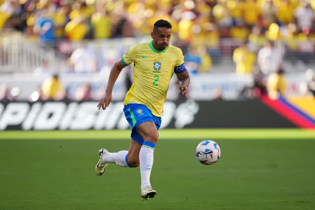 Danilo of Brazil dribbles the ball during the CONMEBOL Copa America 2024 Group D match between Brazil and Colombia at Levi’s Stadium on July 02, 2024 in Santa Clara, California. (Photo by Thearon W. Henderson/Getty Images)