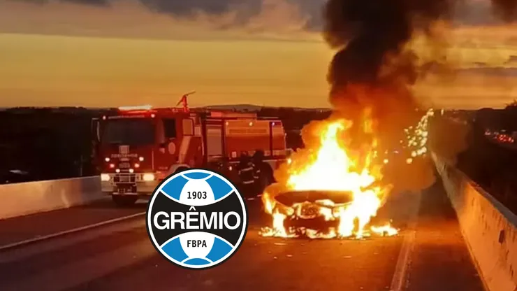 Carro de Nathan Borges, zagueiro do Grêmio, pega fogo em acidente (Imagem: PRF/ Divulgação)