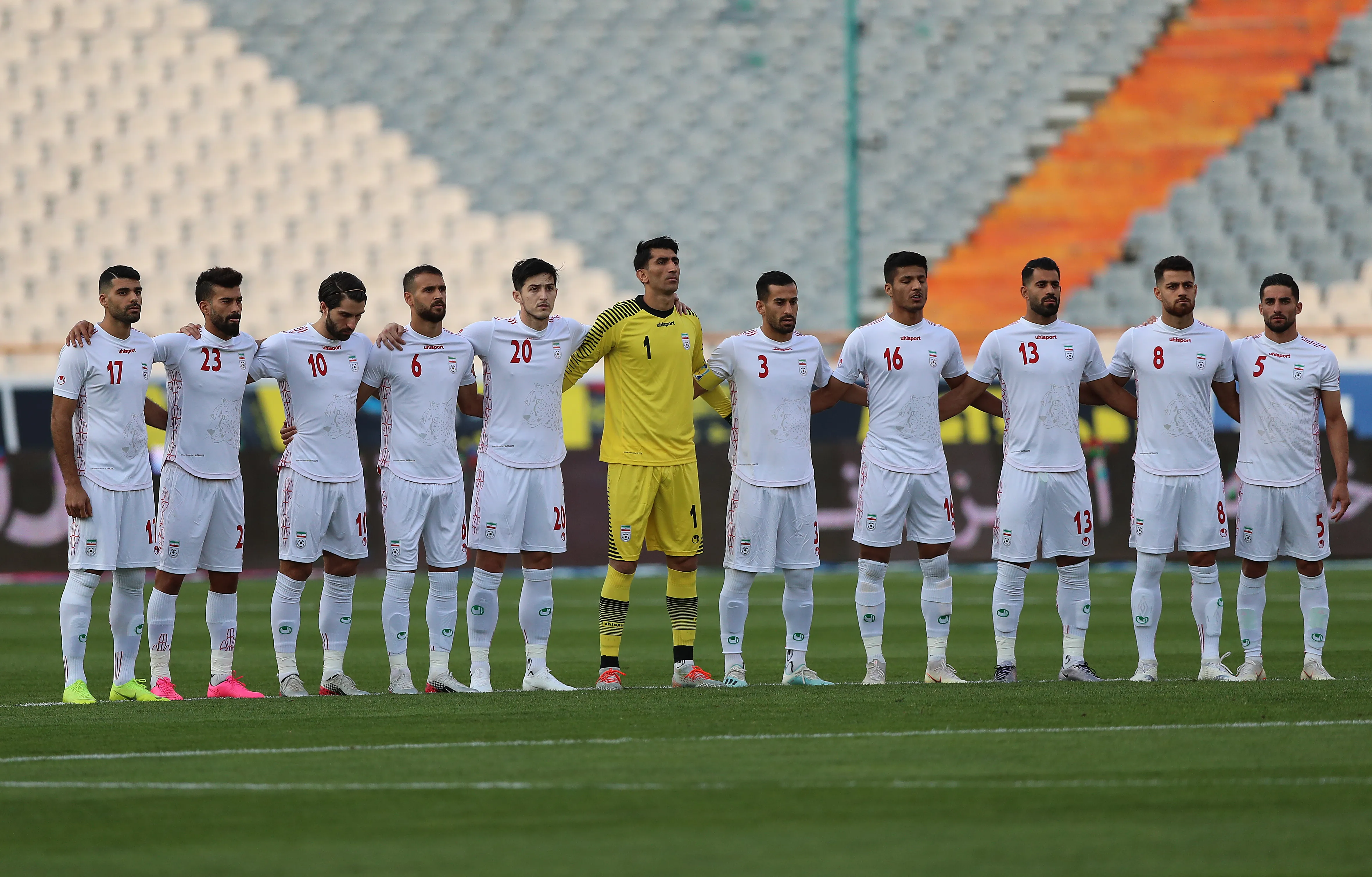 TEHRAN, IRAN – OCTOBER 10: Iranian Players poses for one minute silent during FIFA World Cup Qualifier match between Iran v Cambodia at Azadi Stadium on October 10, 2019 in Tehran, Iran. (Photo by Amin M. Jamali/Getty Images)