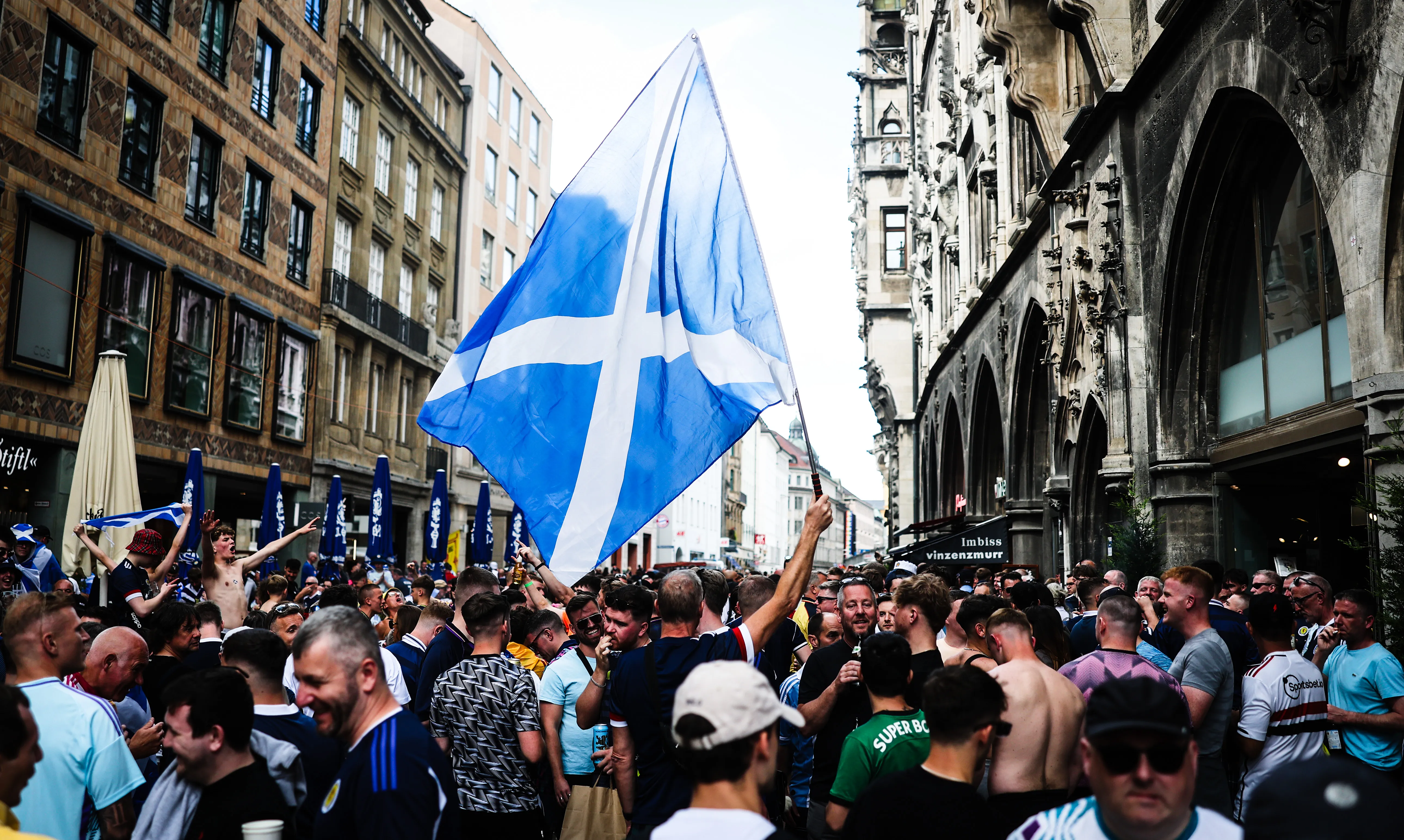 MUNICH, GERMANY – JUNE 13: Scotland fans gather on Marienplatz on June 13, 2024 in Munich, Germany. (Photo by Lars Baron/Getty Images)