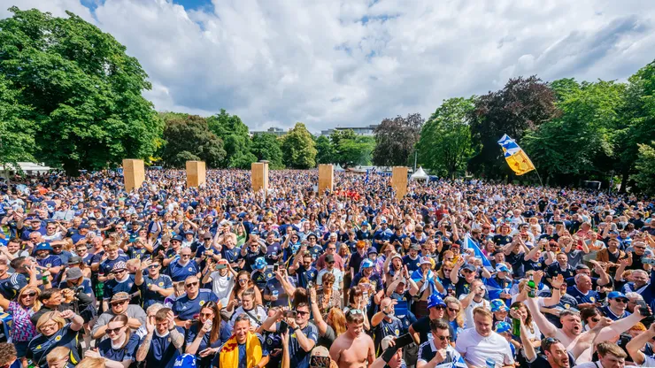 Scotland fans gather in the city center prior to the Group A Scotland v Hungary match of the UEFA EURO 2024 football championship on June 23, 2024 in Stuttgart, Germany. Scotland is in third place in its group going into the match.