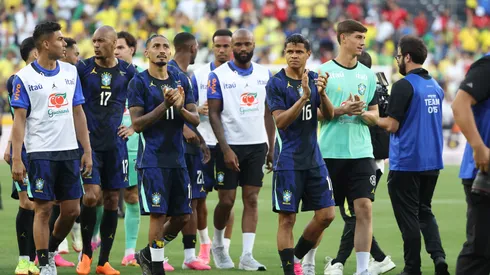 CLEVELAND, OHIO – JUNE 06: Raphinha and Douglas Santos of Brazil applaud at the end of the international friendly match between Brazil and Egypt at Huntington Bank Field on June 06, 2026 in Cleveland, Ohio. (Photo by Kirk Irwin/Getty Images)