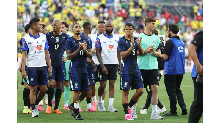 CLEVELAND, OHIO - JUNE 06: Raphinha and Douglas Santos of Brazil applaud at the end of the international friendly match between Brazil and Egypt at Huntington Bank Field on June 06, 2026 in Cleveland, Ohio. (Photo by Kirk Irwin/Getty Images)
