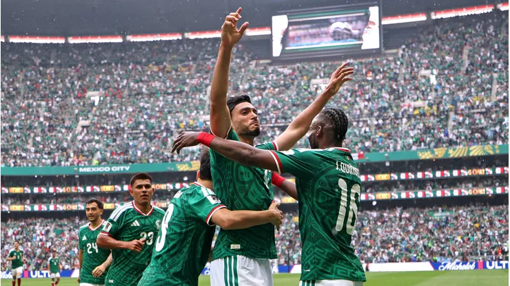 MEXICO CITY, MEXICO - JUNE 11: Raul Jimenez #9 of Mexico celebrates with teammates after scoring the team's second goal during the FIFA World Cup 2026 Group A match between Mexico and South Africa at Mexico City Stadium on June 11, 2026 in Mexico City, Mexico. (Photo by Carl Recine/Getty Images)