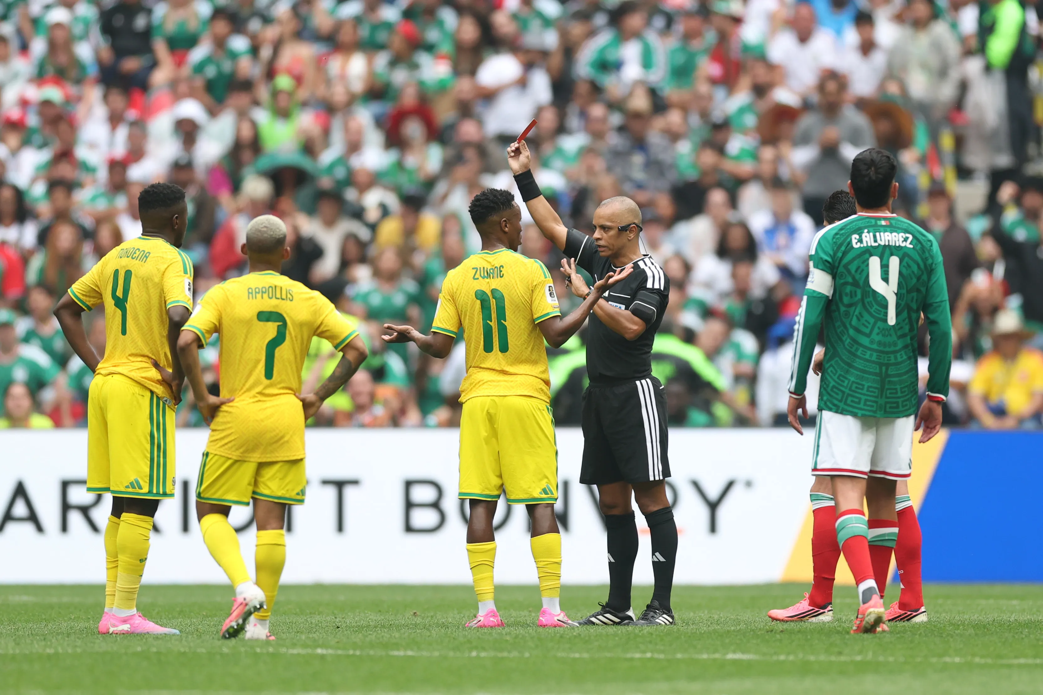 MEXICO CITY, MEXICO – JUNE 11: Referee Wilton Sampaio issues a red card to Themba Zwane #11 of South Africa during the FIFA World Cup 2026 Group A match between Mexico and South Africa at Mexico City Stadium on June 11, 2026 in Mexico City, Mexico. (Photo by Carl Recine/Getty Images)