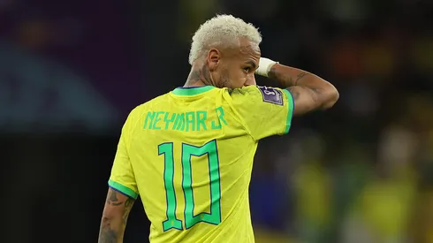 AL RAYYAN, QATAR – DECEMBER 09: Neymar of Brazil looks on during the FIFA World Cup Qatar 2022 quarter final match between Croatia and Brazil at Education City Stadium on December 09, 2022 in Al Rayyan, Qatar. (Photo by Lars Baron/Getty Images)