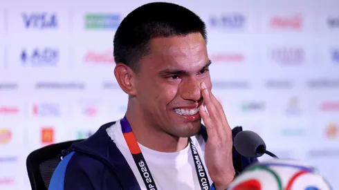An emotional Diego Gomez of Paraguay pictured during the press conference of Paraguay one day ahead of the FIFA World Cup 2026 Group D match between USA and Paraguay at Los Angeles Stadium on June 11, 2026 in Los Angeles, California. (Photo by Stu Forster/Getty Images)