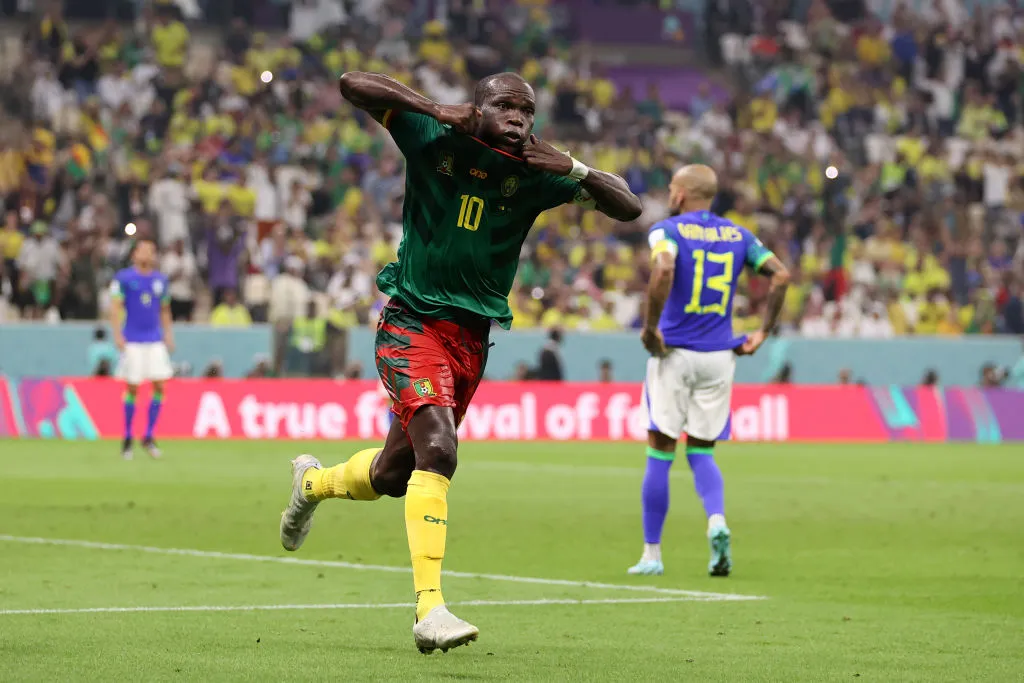 Vincent Aboubakar of Cameroon celebrates after scoring the team’s first goal during the FIFA World Cup Qatar 2022 Group G match between Cameroon and Brazil at Lusail Stadium on December 02, 2022 in Lusail City, Qatar. (Photo by Clive Brunskill/Getty Images)