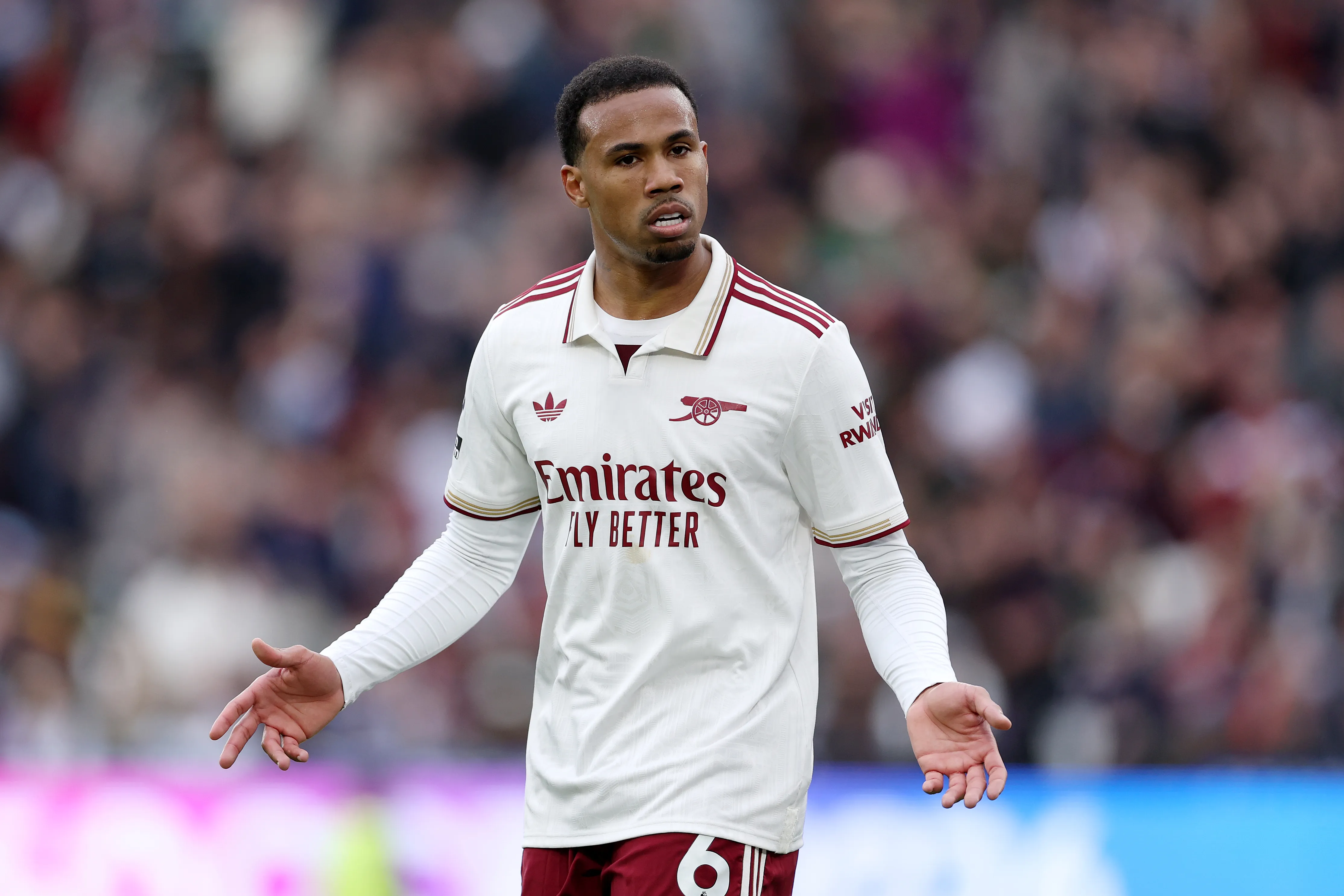 LONDON, ENGLAND – MAY 10: Gabriel of Arsenal reacts during the Premier League match between West Ham United and Arsenal at London Stadium on May 10, 2026 in London, England. (Photo by Justin Setterfield/Getty Images)