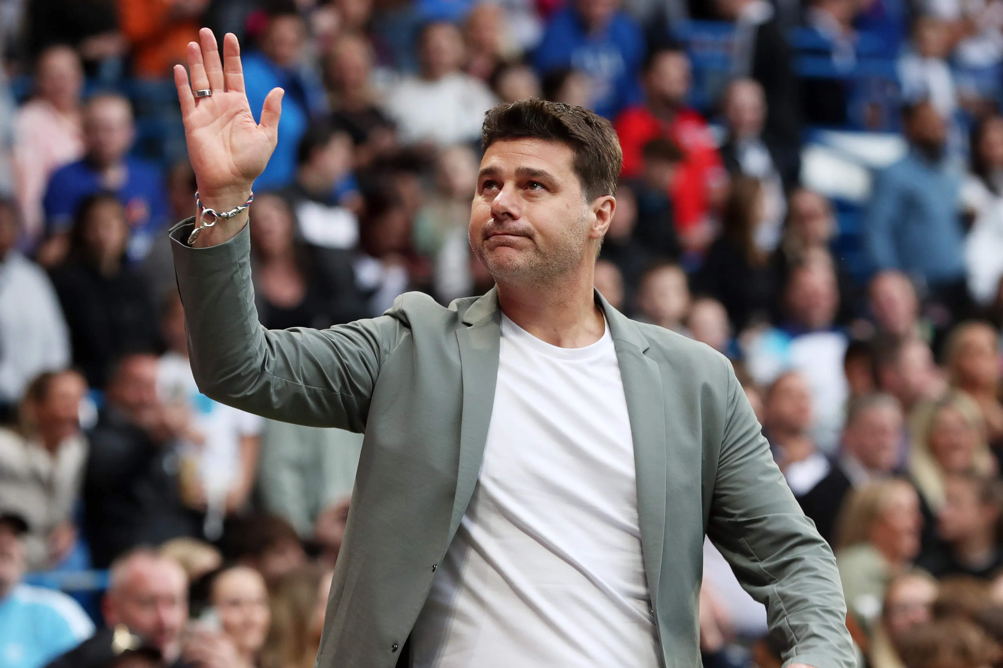 LONDON, ENGLAND – JUNE 09: Mauricio Pochettino, Manager of World XI acknowledges the fans prior to Soccer Aid for UNICEF 2024 at Stamford Bridge on June 09, 2024 in London, England. (Photo by Henry Browne/Getty Images)