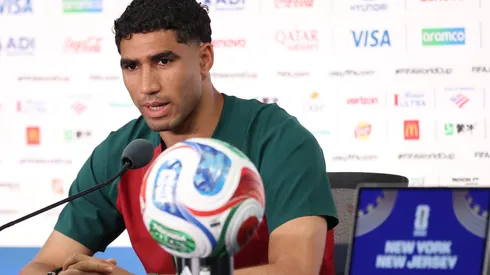 EAST RUTHERFORD, NEW JERSEY – JUNE 12: Achraf Hakimi of Morocco speaks to the media during a press conference during a press conference ahead of the FIFA World Cup 2026 Group C match between Brazil and Morocco at New York New Jersey Stadium on June 12, 2026 in East Rutherford, New Jersey. (Photo by Darrian Traynor/Getty Images)