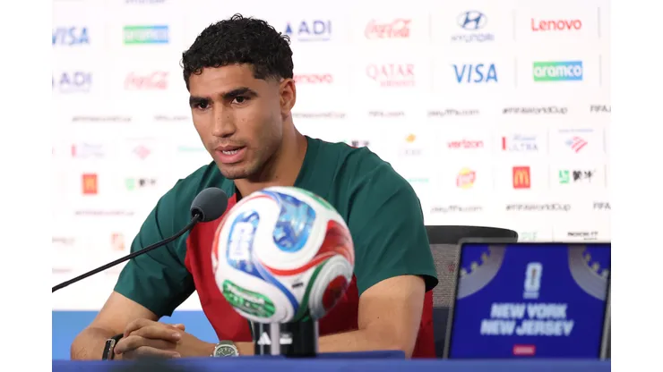 EAST RUTHERFORD, NEW JERSEY - JUNE 12: Achraf Hakimi of Morocco speaks to the media during a press conference during a press conference ahead of the FIFA World Cup 2026 Group C match between Brazil and Morocco at New York New Jersey Stadium on June 12, 2026 in East Rutherford, New Jersey. (Photo by Darrian Traynor/Getty Images)