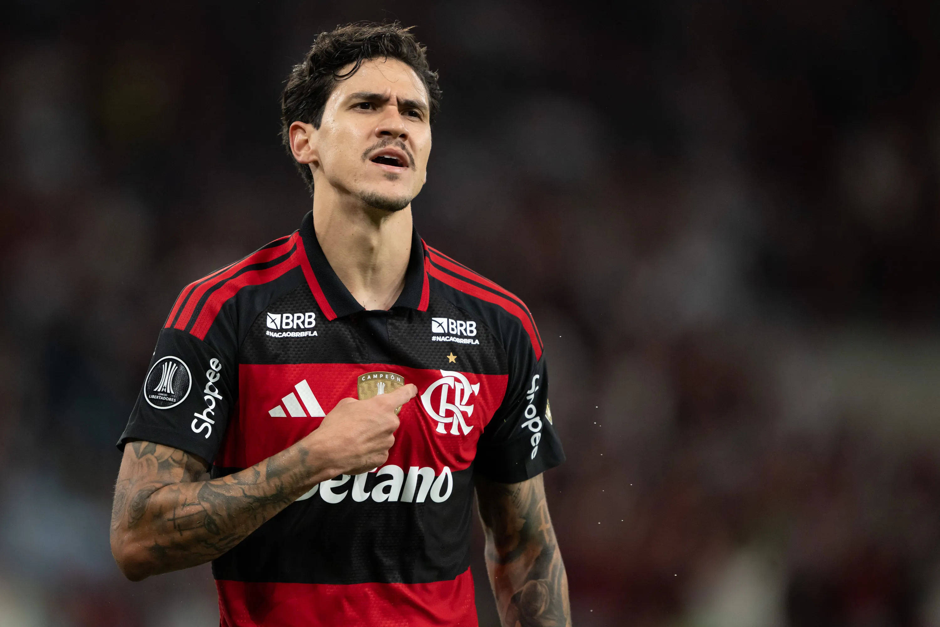 Pedro jogador do Flamengo comemora seu gol durante partida contra o Estudiantes no estadio Maracana pelo campeonato Copa Libertadores 2026. Foto: Jorge Rodrigues/AGIF