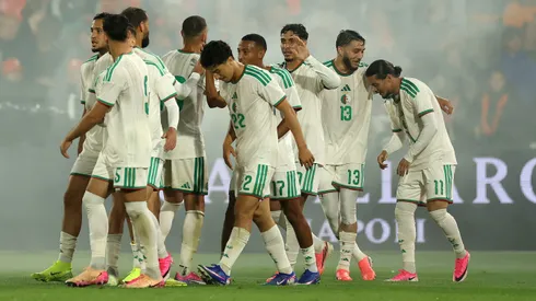 ROTTERDAM, NETHERLANDS – JUNE 03: Anis Hadj Moussa of Algeria celebrates scoring his team's first goal with teammates during the international friendly match between Netherlands and Algeria at De Kuip on June 03, 2026 in Rotterdam, Netherlands. (Photo by Dean Mouhtaropoulos/Getty Images)