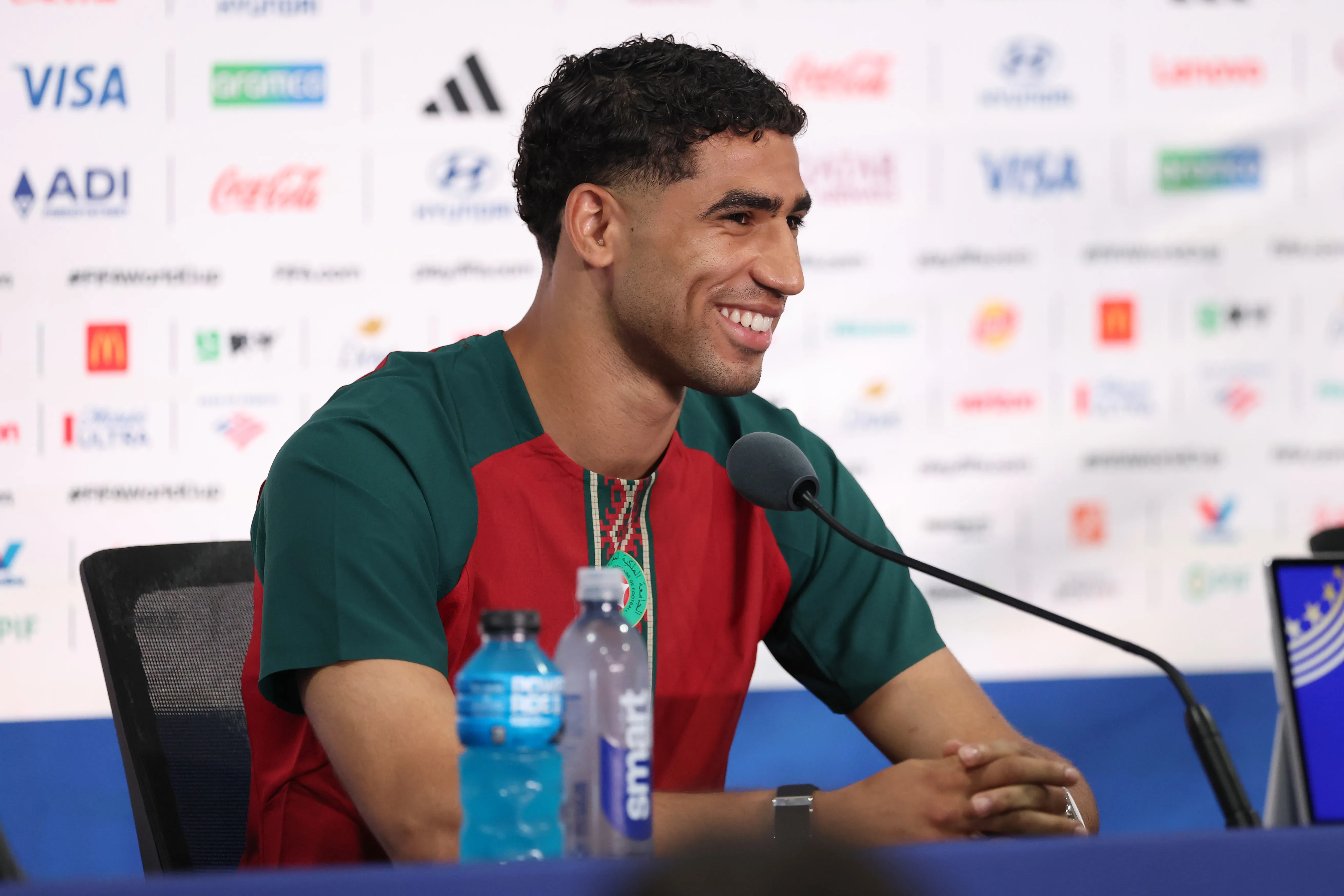 EAST RUTHERFORD, NEW JERSEY – JUNE 12: Achraf Hakimi of Morocco speaks to the media during a press conference during a press conference ahead of the FIFA World Cup 2026 Group C match between Brazil and Morocco at New York New Jersey Stadium on June 12, 2026 in East Rutherford, New Jersey. (Photo by Darrian Traynor/Getty Images)