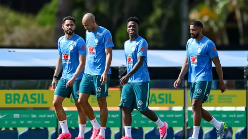 Vinicius Jr of Brazil walks with his teammates during a training session of the Brazilian national football team at the squad's Granja Comary training complex on May 28, 2026 in Teresopolis, Brazil. (Photo by Buda Mendes/Getty Images)