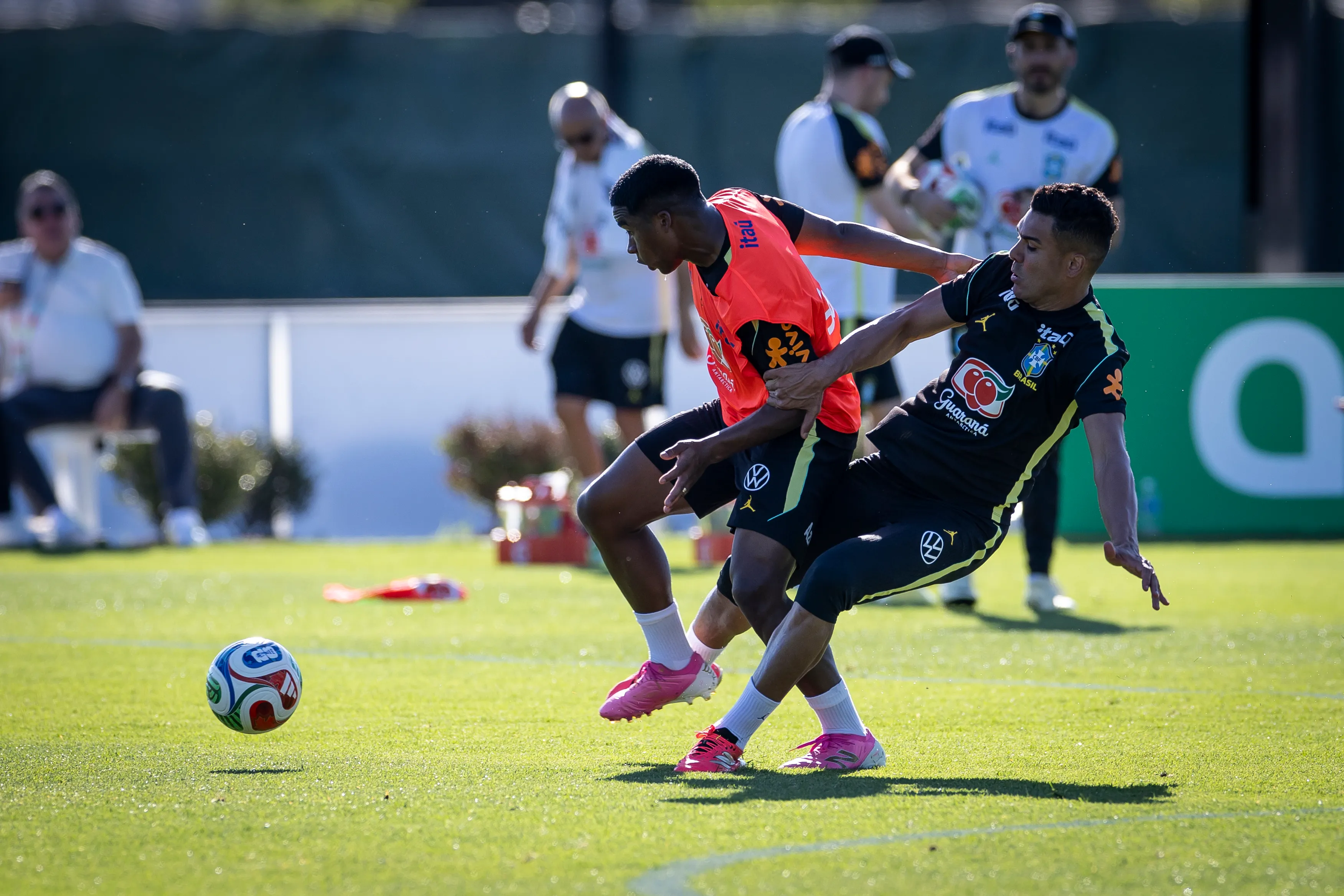 MORRISTOWN, NEW JERSEY – JUNE 3: Casemiro #5 of Brazil and Endrick #19 of Brazil fight for control of the ball during training at Columbia Park Training Facility on June 3, 2026 in Morristown, New Jersey. (Photo by Ira L. Black/Getty Images)