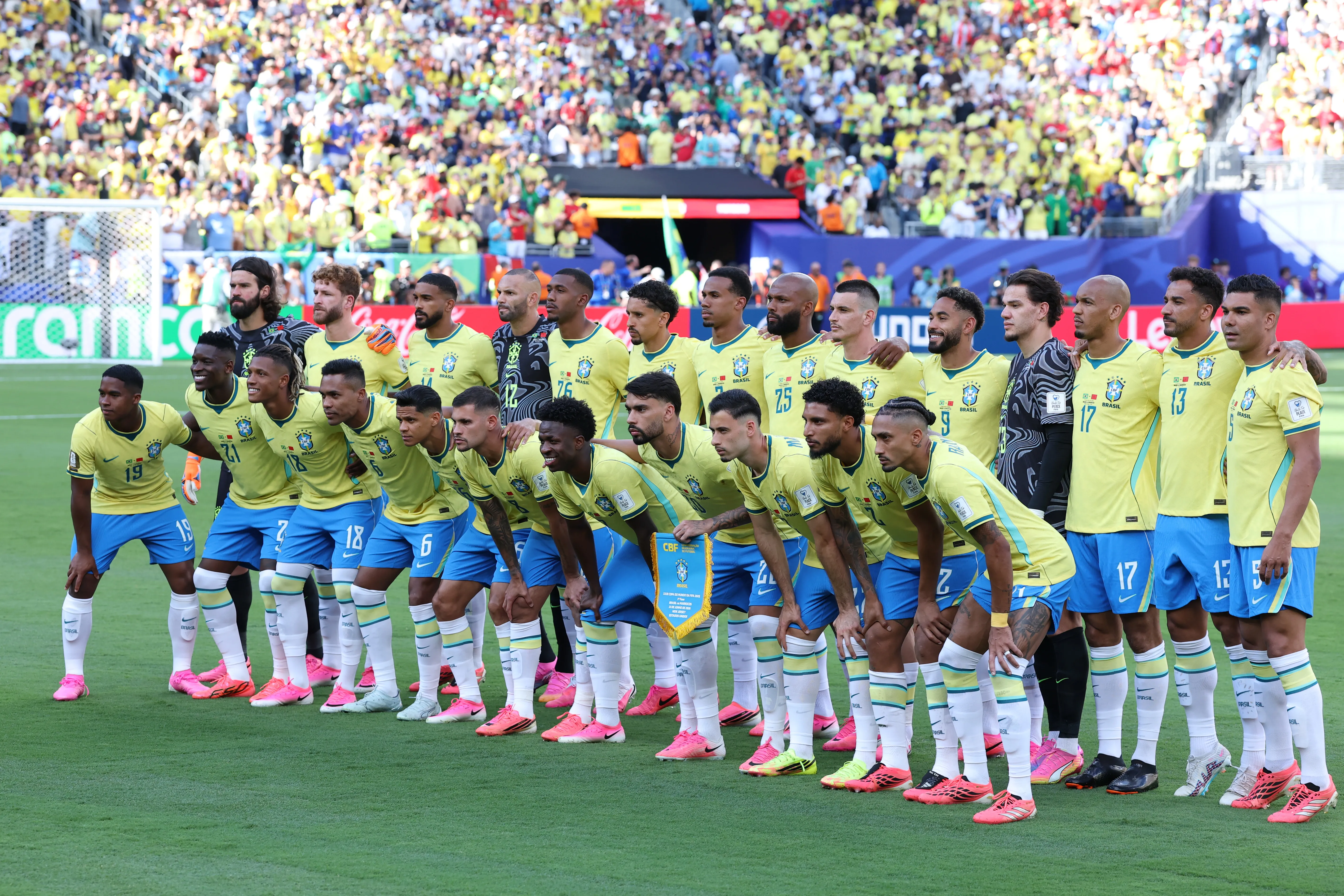 EAST RUTHERFORD, NEW JERSEY – JUNE 13: Brazil players pose for a team photograph before the FIFA World Cup 2026 Group C match between Brazil and Morocco at New York New Jersey Stadium on June 13, 2026 in East Rutherford, New Jersey. (Photo by Kevin C. Cox/Getty Images)