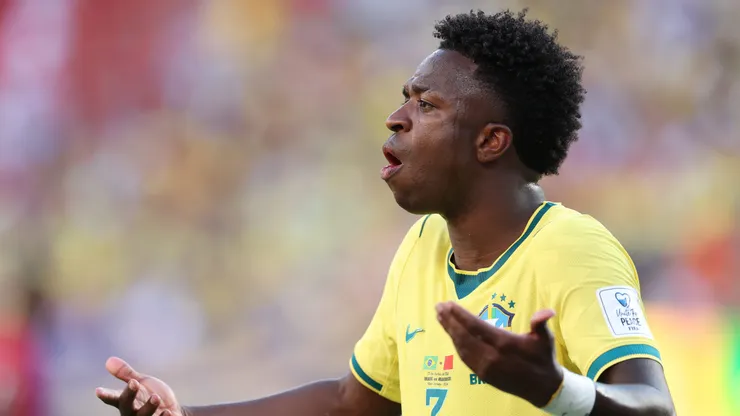 Vinicius Junior of Brazil reacts during the FIFA World Cup 2026 Group C match between Brazil and Morocco at New York New Jersey Stadium on June 13, 2026 in East Rutherford, New Jersey. (Photo by Dan Mullan/Getty Images)