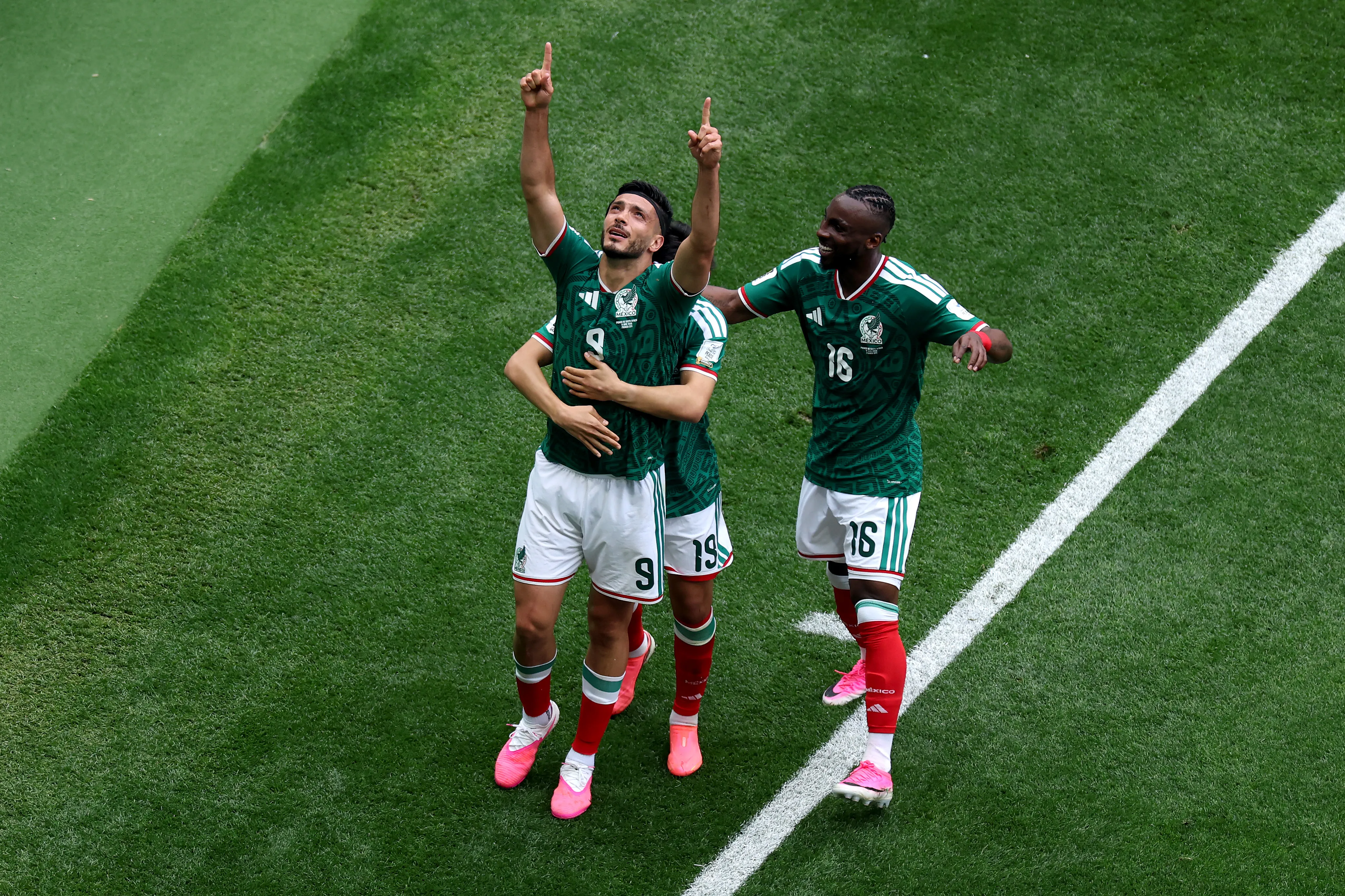 MEXICO CITY, MEXICO – JUNE 11: Raul Jimenez #9 of Mexico celebrates with teammates after scoring the team’s second goal during the FIFA World Cup 2026 Group A match between Mexico and South Africa at Mexico City Stadium on June 11, 2026 in Mexico City, Mexico. (Photo by Kevin C. Cox/Getty Images)