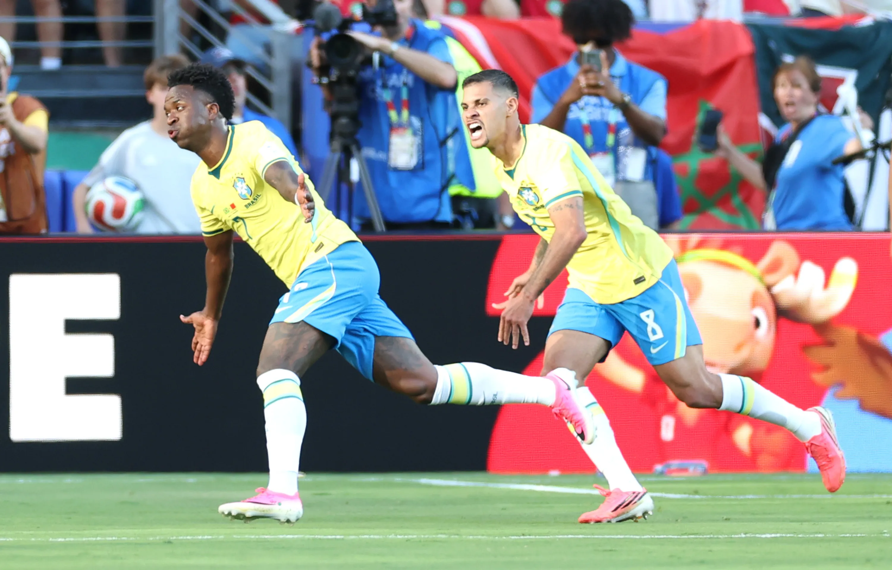 EAST RUTHERFORD, NEW JERSEY – JUNE 13: Vinicius Junior #7 of Brazil celebrates scoring his team’s first goal during the FIFA World Cup 2026 Group C match between Brazil and Morocco at New York New Jersey Stadium on June 13, 2026 in East Rutherford, New Jersey. (Photo by Dan Mullan/Getty Images)