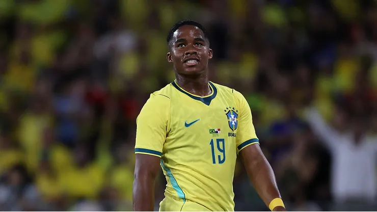 RIO DE JANEIRO, BRAZIL - MAY 31: Endrick of Brazil reacts during the international friendly match between Brazil and Panama at Maracana Stadium on May 31, 2026 in Rio de Janeiro, Brazil. (Photo by Wagner Meier/Getty Images)
