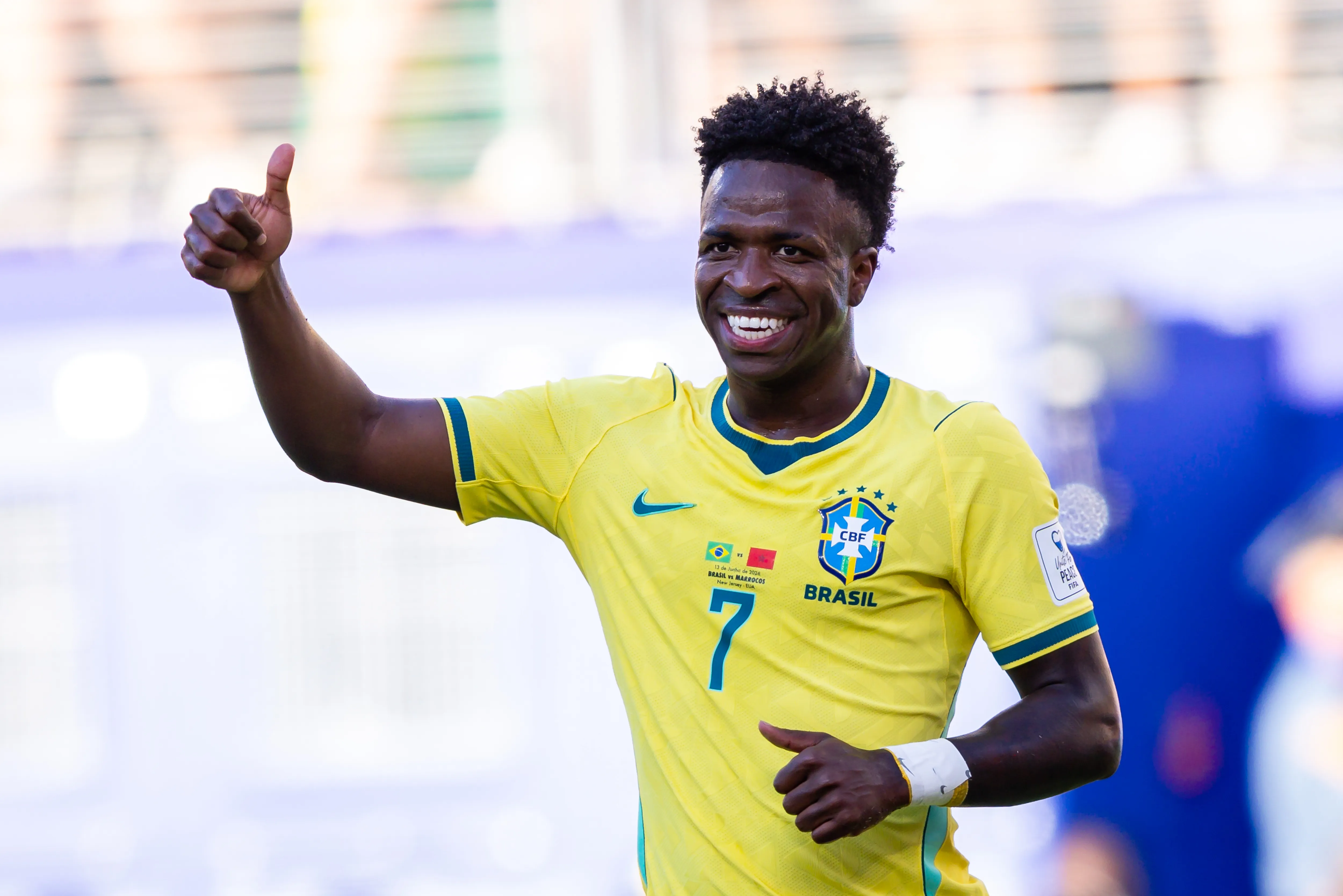Vinicius Junior jogador do Brasil comemora seu gol durante partida contra o Marrocos no estadio MetLife Stadium pelo campeonato Copa Do Mundo 2026. Foto: Rodolfo Buhrer/AGIF