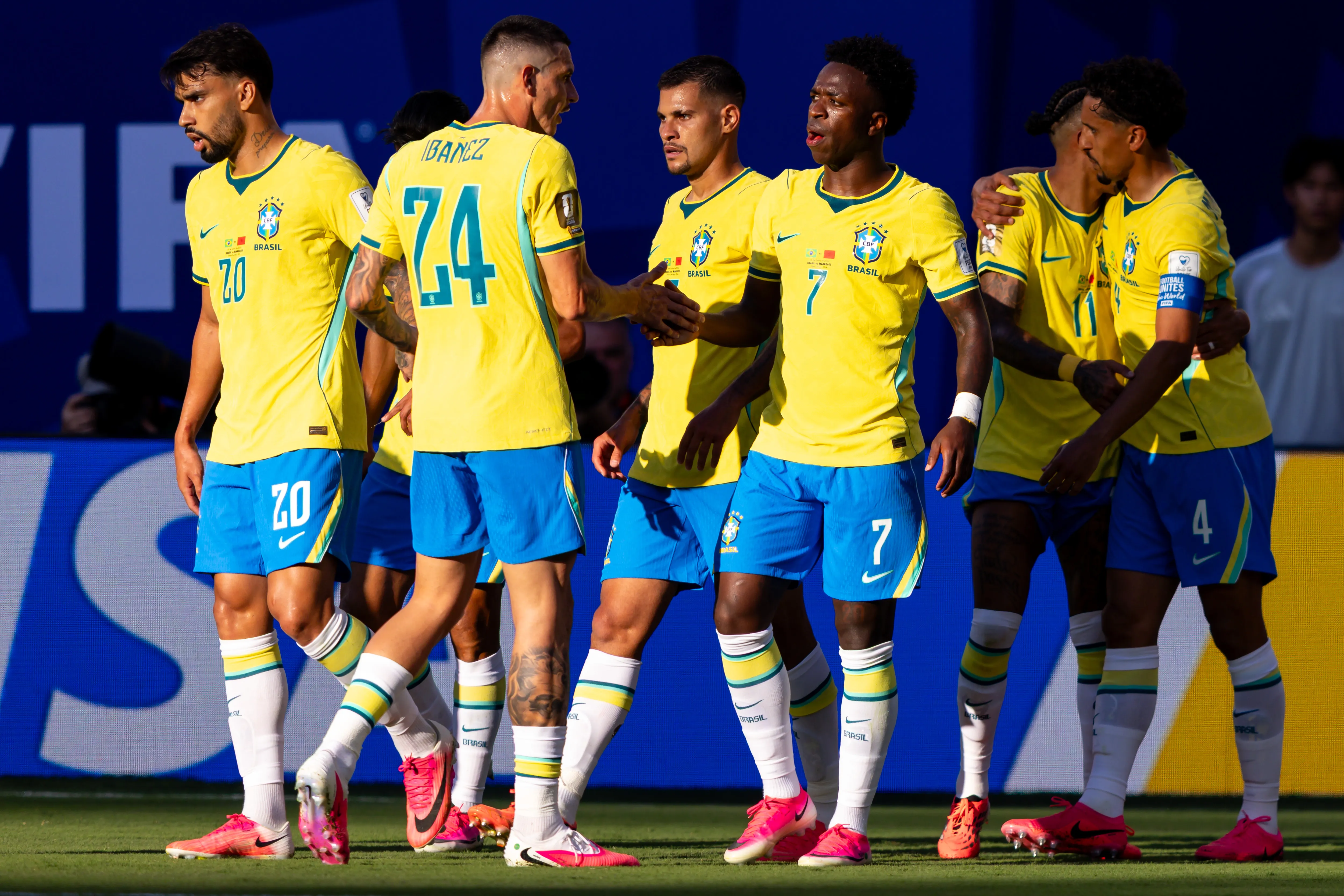 Vinicius Junior jogador do Brasil comemora seu gol durante partida contra o Marrocos no estadio MetLife Stadium pelo campeonato Copa Do Mundo 2026. Foto: Rodolfo Buhrer/AGIF