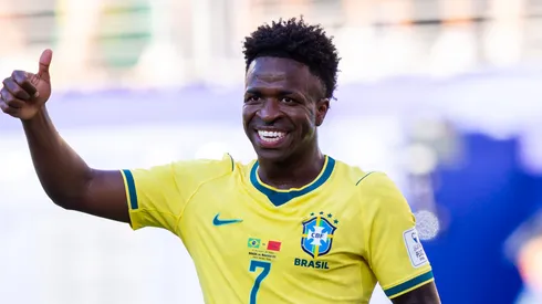 Vinicius Junior jogador do Brasil comemora seu gol durante partida contra o Marrocos no estadio MetLife Stadium pelo campeonato Copa Do Mundo 2026. Foto: Rodolfo Buhrer/AGIF