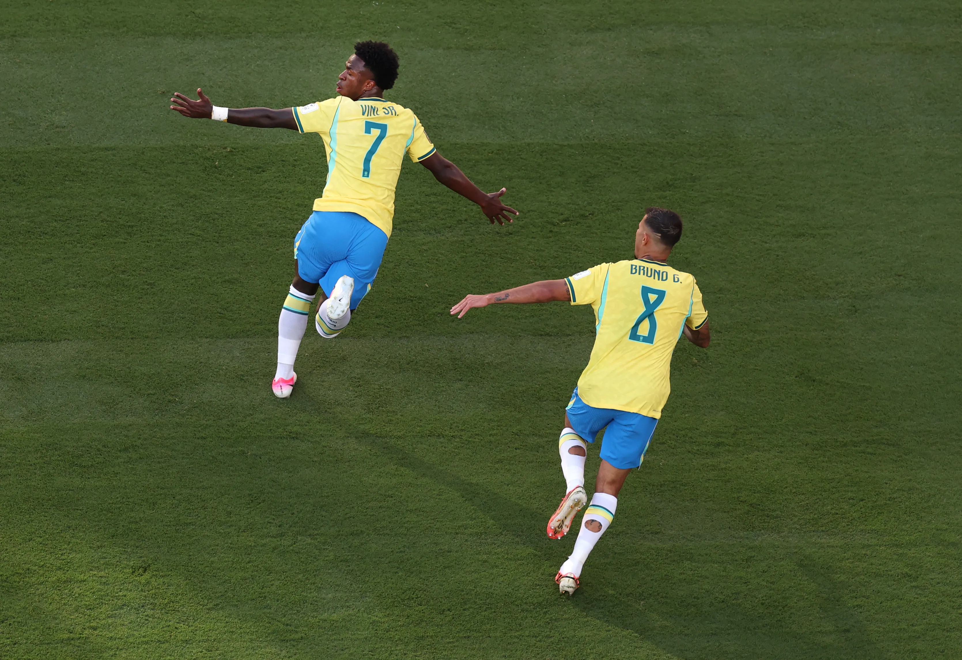 Vini Jr comemora gol em Brasil x Marrocos. Foto: Al Bello/Getty Images