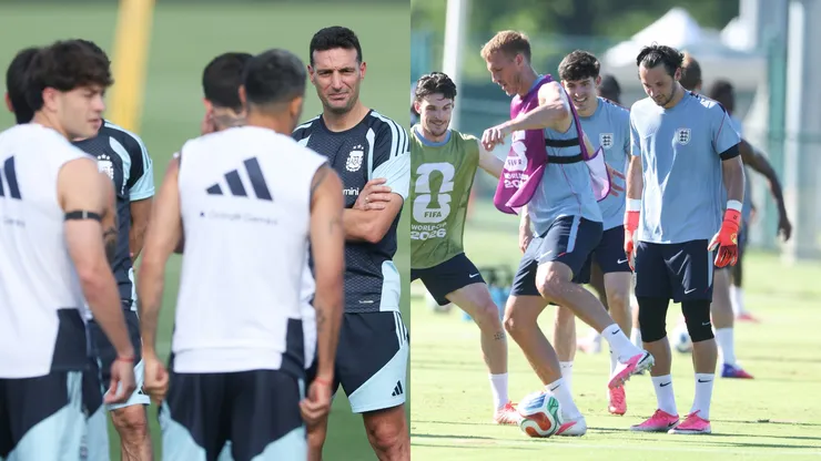 O técnico Lionel Scaloni conversa com os jogadores da Argentina no Compass Minerals National Performance Center, em Kansas City, Kansas, em 12 de junho de 2026. (Foto de Richard Pelham/Getty Images) Declan Rice e Dan Burn dividem a bola durante treino da seleção da Inglaterra para a Copa do Mundo de 2026 em Kansas City, Kansas, em 13 de junho de 2026. (Foto de Richard Pelham/Getty Images)
