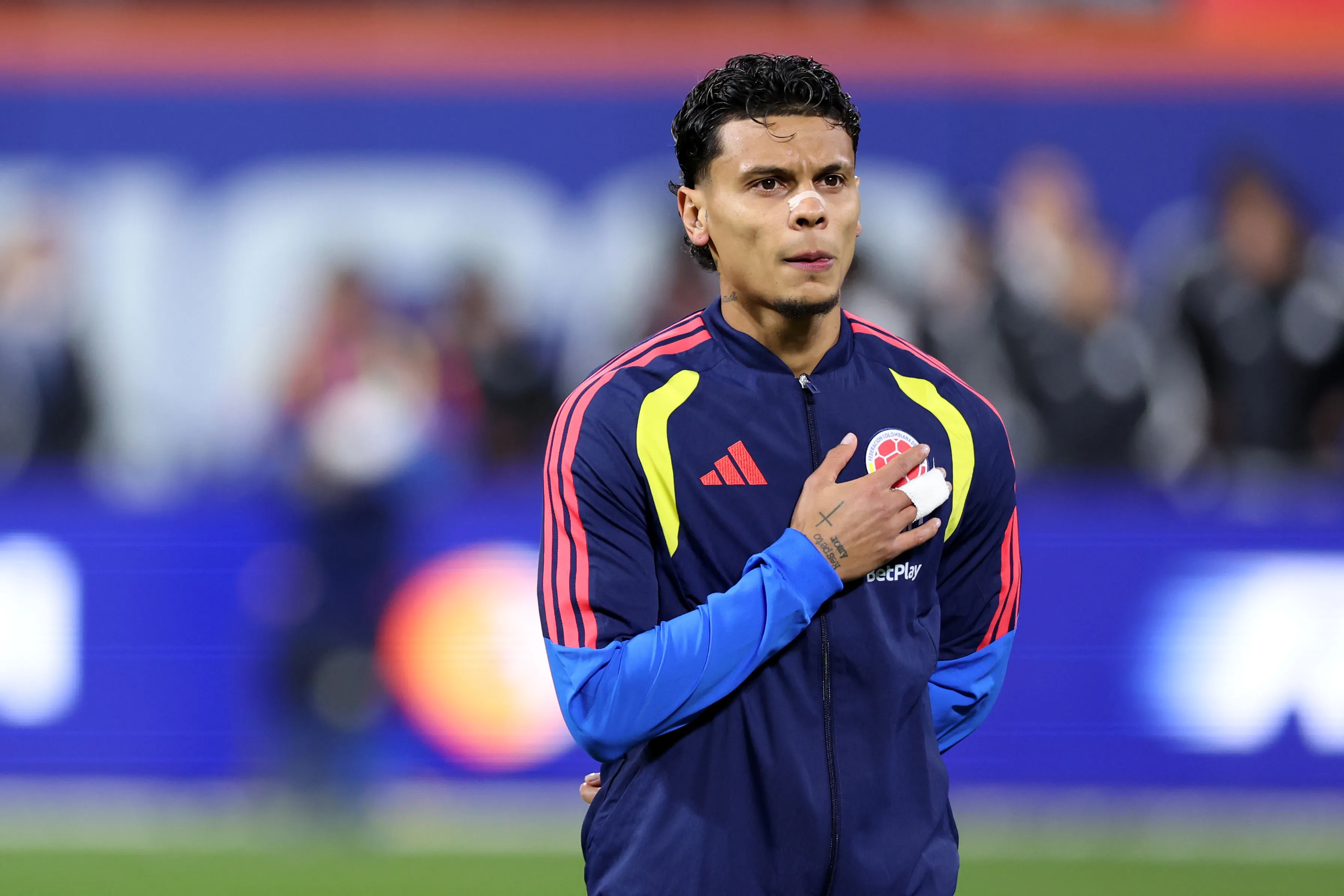 NEW YORK, NEW YORK – NOVEMBER 18: Richard Rios of Colombia lines up for the national anthem prior to the International Friendly match between Colombia and Australia at Citi Field on November 18, 2025 in New York City. (Photo by Jordan Bank/Getty Images)