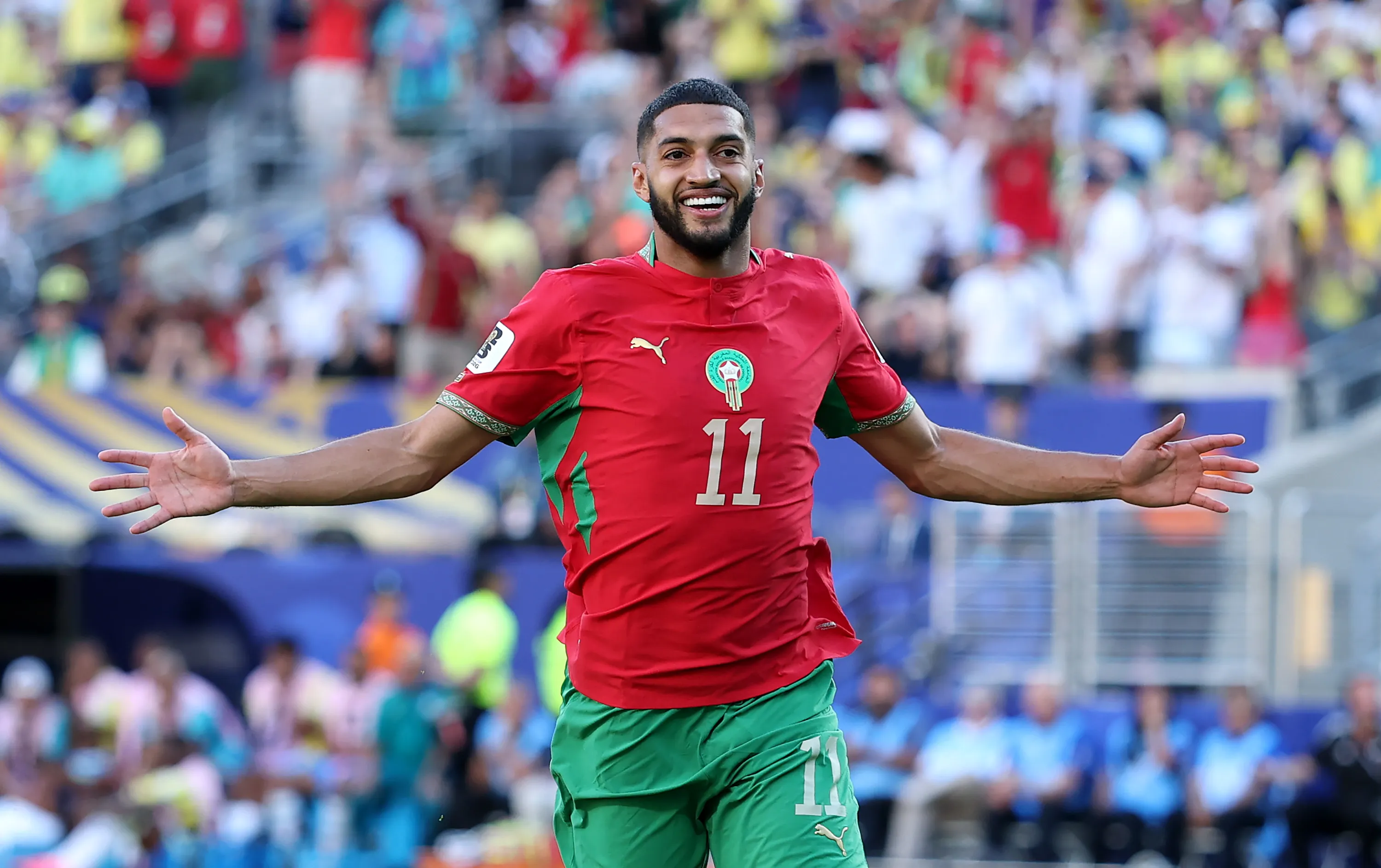 EAST RUTHERFORD, NEW JERSEY – JUNE 13: Ismael Saibari #11 of Morocco celebrates scoring his team’s first goal during the FIFA World Cup 2026 Group C match between Brazil and Morocco at New York New Jersey Stadium on June 13, 2026 in East Rutherford, New Jersey. (Photo by Dan Mullan/Getty Images)