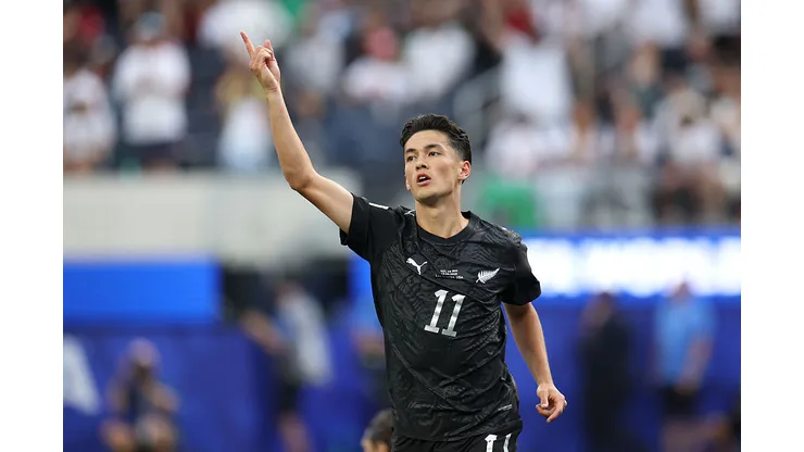 LOS ANGELES, CALIFORNIA - JUNE 15: Elijah Just #11 of New Zealand celebrates scoring his team's first goal during the FIFA World Cup 2026 Group G match between IR Iran and New Zealand at Los Angeles Stadium on June 15, 2026 in Los Angeles, California. (Photo by Harry How/Getty Images)
