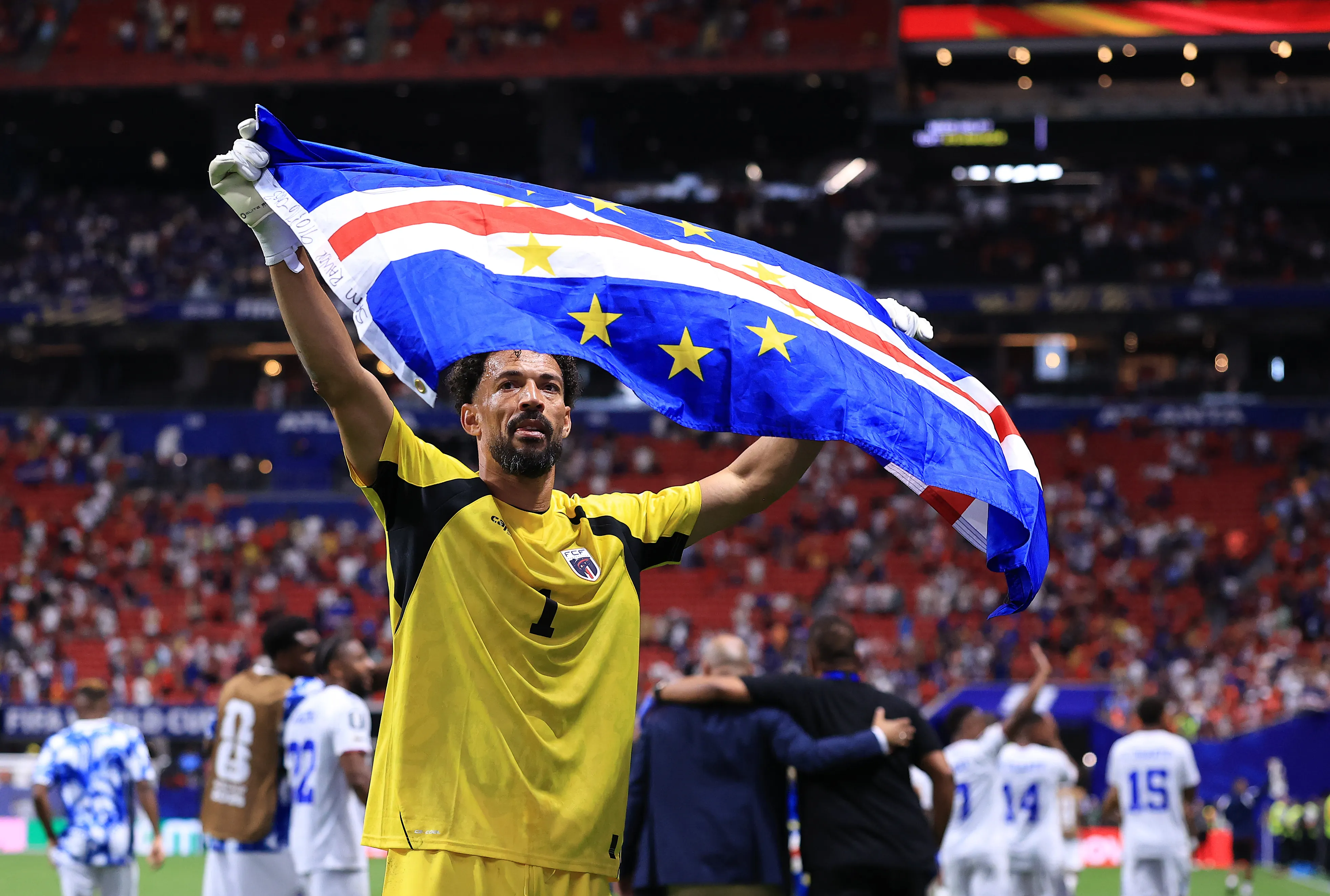 ATLANTA, GEORGIA – JUNE 15: Vozinha #1 of Cabo Verde applaud fans after the 0-0 draw during the FIFA World Cup 2026 Group H match between Spain and Cabo Verde at Atlanta Stadium on June 15, 2026 in Atlanta, Georgia. (Photo by Buda Mendes/Getty Images)