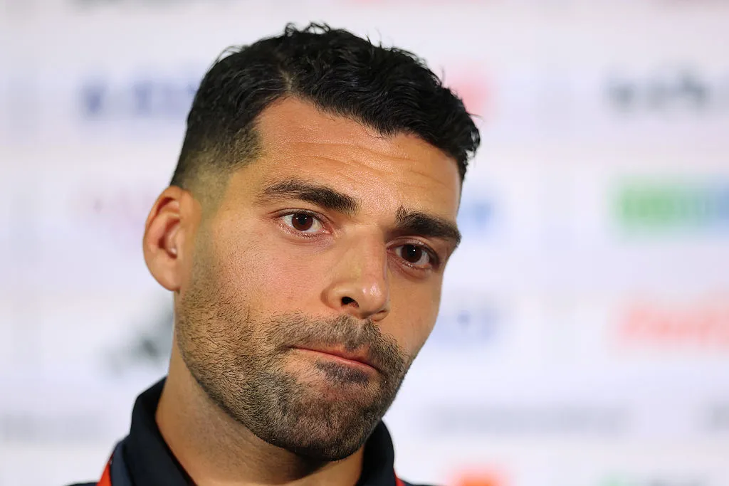 LOS ANGELES, CALIFORNIA – JUNE 14: Mehdi Taremi #9 of IR Iran during the press conference of IR Iran one day ahead of the FIFA World Cup 2026 Group G match between IR Iran and New Zealand at Los Angeles Stadium on June 14, 2026 in Los Angeles, California. (Photo by Harry How/Getty Images)