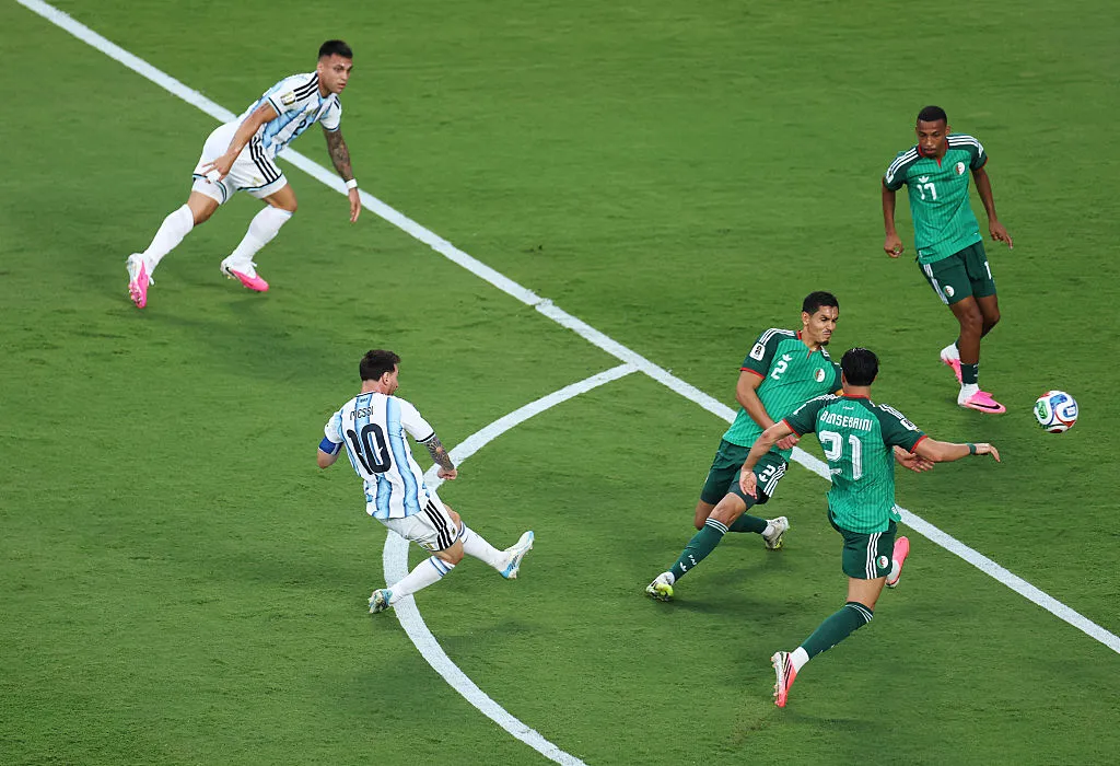 Lionel Messi #10 of Argentina scores his team’s first goal during the FIFA World Cup 2026 Group J match between Argentina and Algeria at Kansas City Stadium on June 16, 2026 in Kansas City, Missouri. (Photo by Francois Nel/Getty Images)