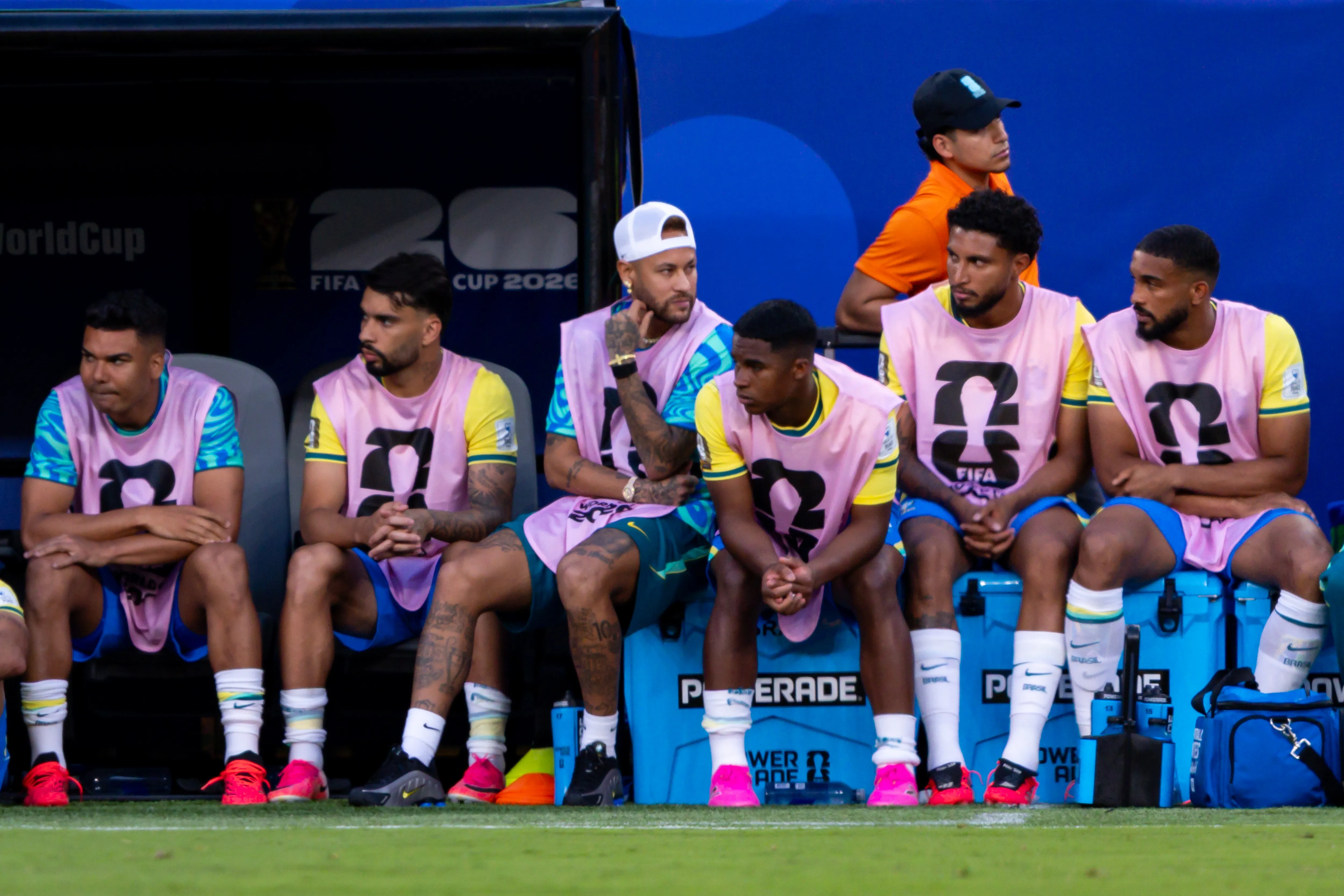 Jogadores do Brasil e Neymar Jr durante partida contra o Marrocos no estadio MetLife Stadium pelo campeonato Copa Do Mundo 2026. Foto: Rodolfo Buhrer/AGIF