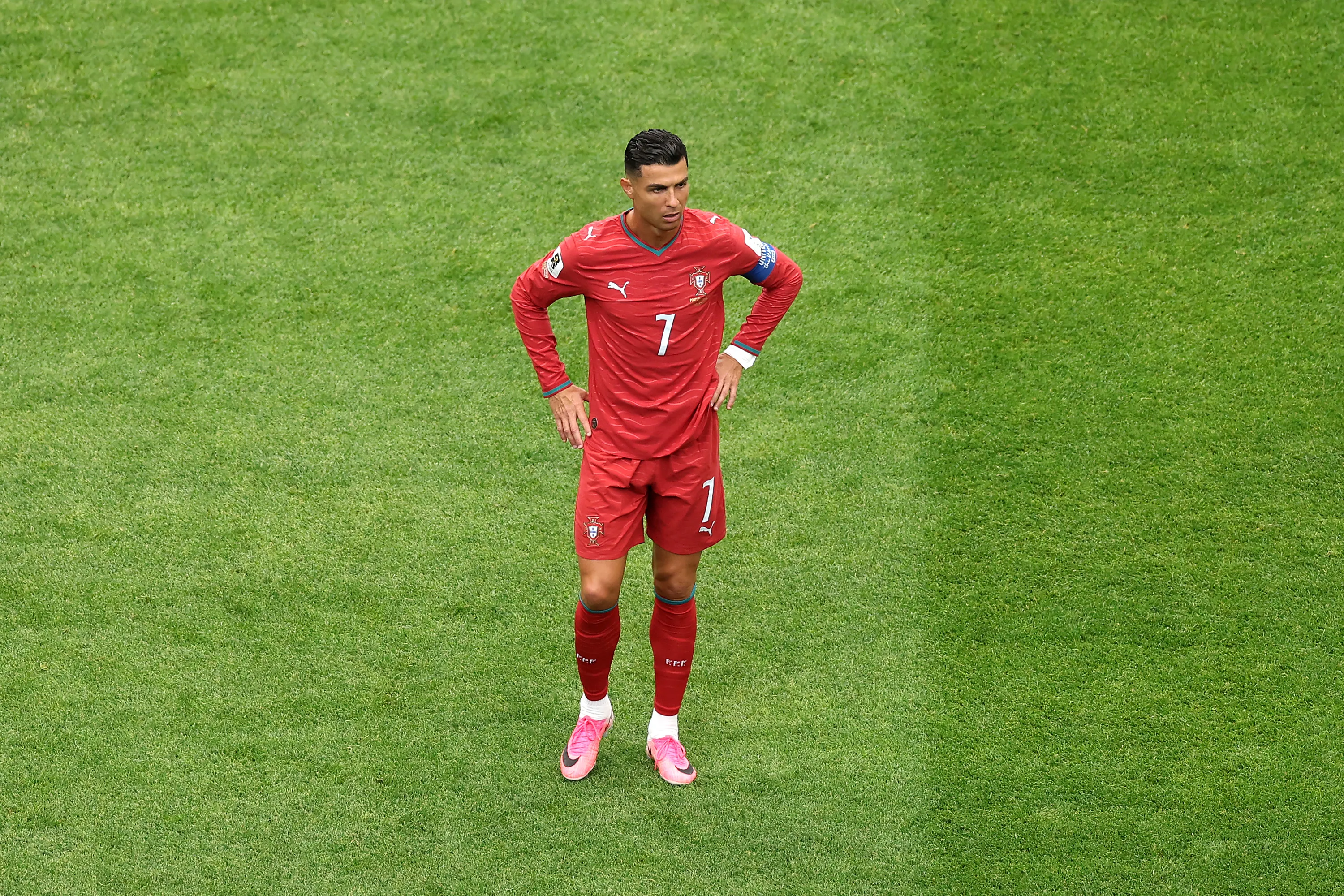 HOUSTON, TEXAS – JUNE 17: Cristiano Ronaldo #7 of Portugal looks on during the FIFA World Cup 2026 Group K match between Portugal and Congo DR at Houston Stadium on June 17, 2026 in Houston, Texas. (Photo by Lars Baron/Getty Images)
