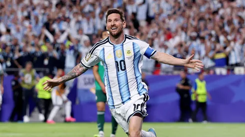 KANSAS CITY, MISSOURI – JUNE 16: Lionel Messi #10 of Argentina celebrates scoring his team's second goal during the FIFA World Cup 2026 Group J match between Argentina and Algeria at Kansas City Stadium on June 16, 2026 in Kansas City, Missouri. (Photo by Michael Steele/Getty Images)