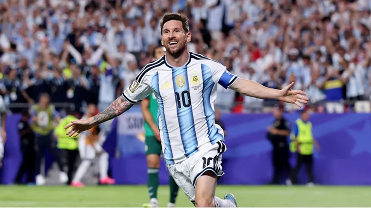 KANSAS CITY, MISSOURI - JUNE 16: Lionel Messi #10 of Argentina celebrates scoring his team's second goal during the FIFA World Cup 2026 Group J match between Argentina and Algeria at Kansas City Stadium on June 16, 2026 in Kansas City, Missouri. (Photo by Michael Steele/Getty Images)